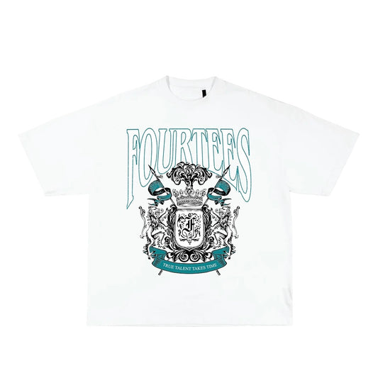 FOURTEES | CREST V4 | HEAVYWEIGHT TEE | OVERSIZED - WHITE + TEAL
